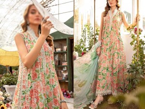 Embroidered EID Lawn Dress 2024 with Printed Chiffon Dupatta Price in Pakistan