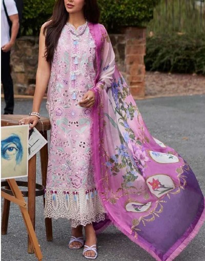 Luxury Heavy Schiffli Embroidered Lawn Dress 2024 with Silk Dupatta Price in Pakistan